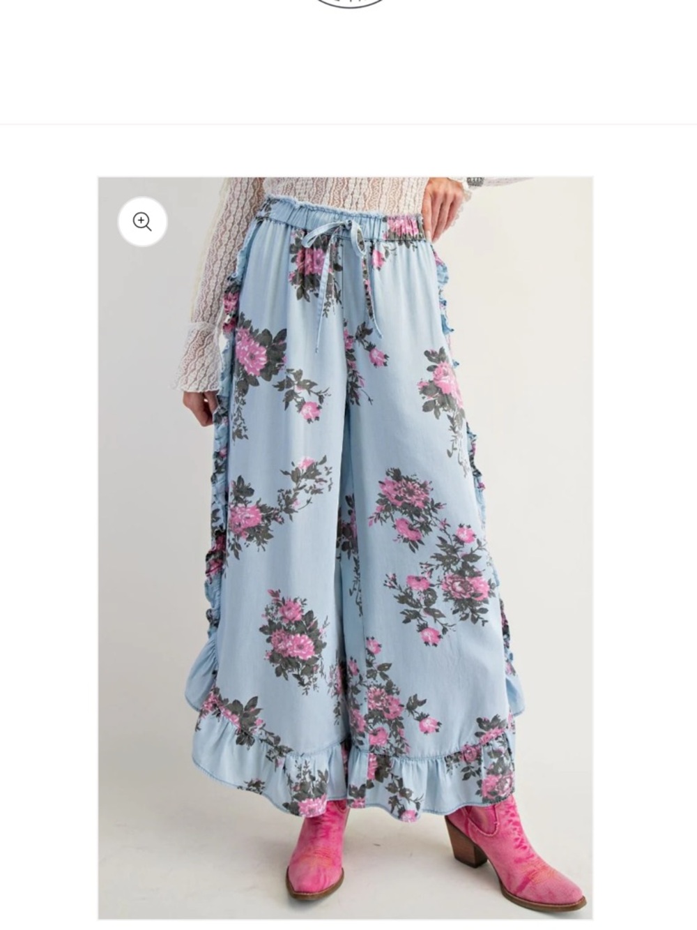 Light Blue Floral Wide-Leg Ruffle Pants with Drawstring Waist